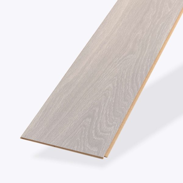 A single Orion Oak light gray wooden floor plank with a subtle wood grain pattern is displayed diagonally on a white background, showing both the top surface and one side edge.
