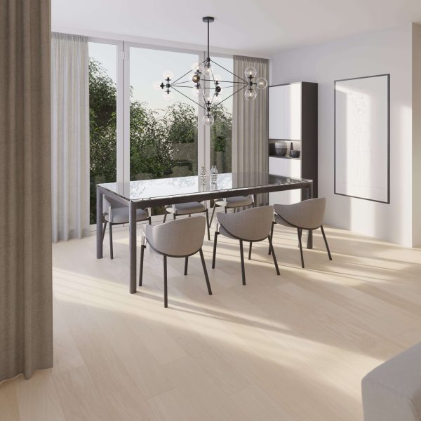 Modern dining room featuring a Coastal Oak* table, six gray chairs, geometric chandelier, sheer-curtained large windows, light wood floors, minimalist decor with outlined wall art, and greenery visible outside.