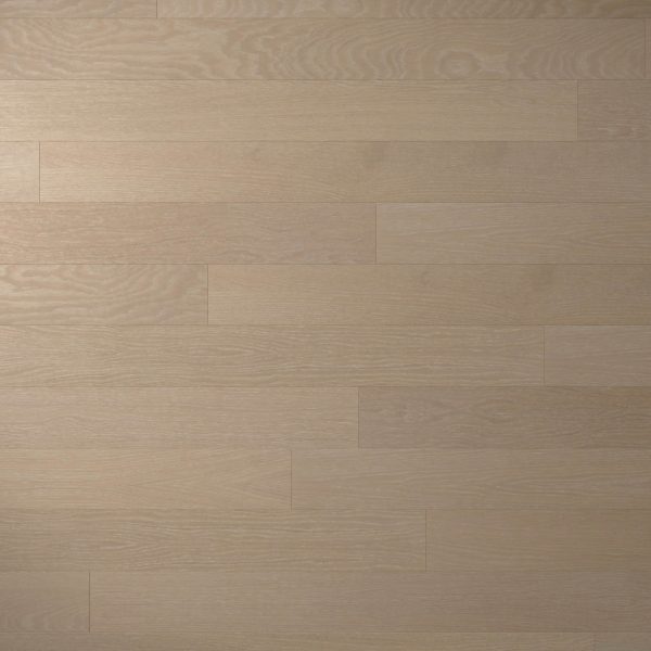 Basin Oak* features wide, light-colored planks arranged in a staggered pattern with visible wood grain for a natural, smooth look.