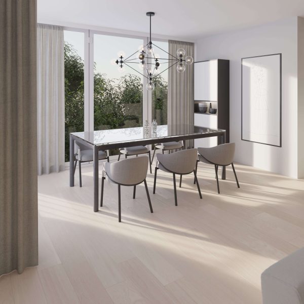 A modern dining room with a large glass table, six gray chairs, geometric chandelier, sheer curtains over floor-to-ceiling windows, and stylish Everglade Oak* flooring. Minimalist decor and verdant views complete the contemporary space.