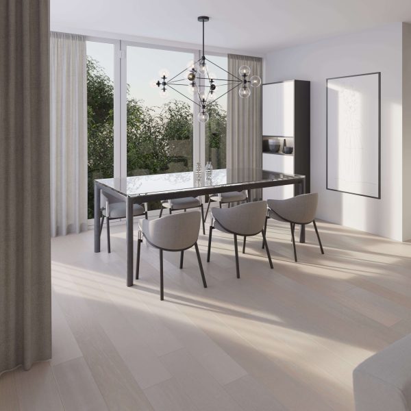 Modern dining room featuring a sleek black table, six gray chairs, large windows with sheer curtains, Castle Rock Oak* flooring, an abstract chandelier, minimalist decor, and greenery visible outside.