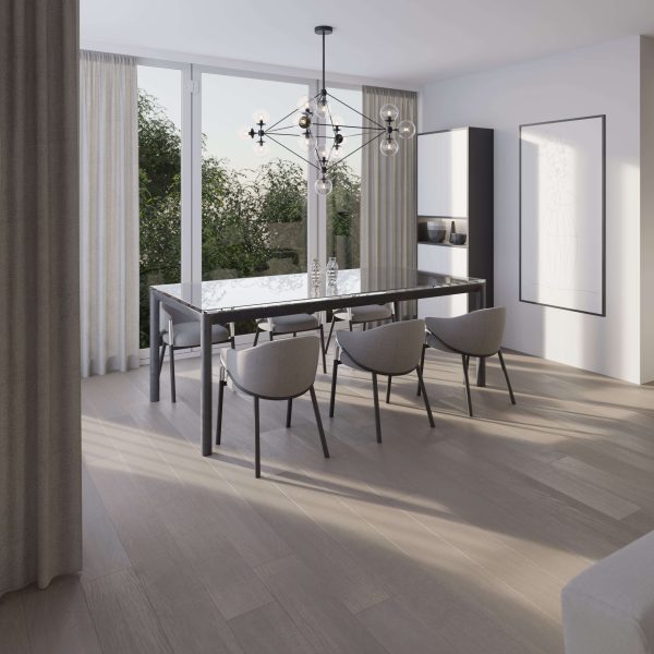 A modern dining room featuring a Silver Rock Oak* rectangular table, six gray chairs, a geometric chandelier, floor-to-ceiling windows with sheer curtains, minimalist neutral décor, and greenery visible outside.