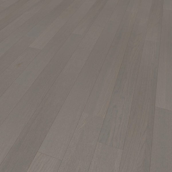 A close-up of Silver Rock Oak* flooring showcases long, narrow planks in varied purple and gray tones with visible wood grain and subtle color variations.