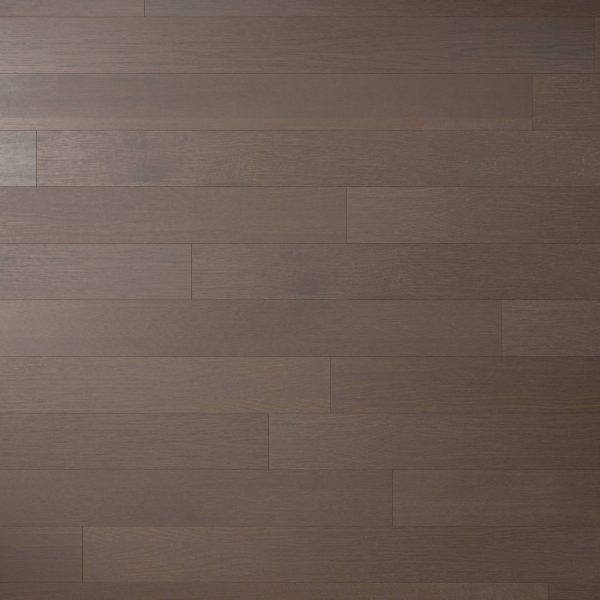Bramble Oak features a dark brown wooden floor with horizontal planks of varying lengths and subtle grain patterns, offering a smooth and polished look.