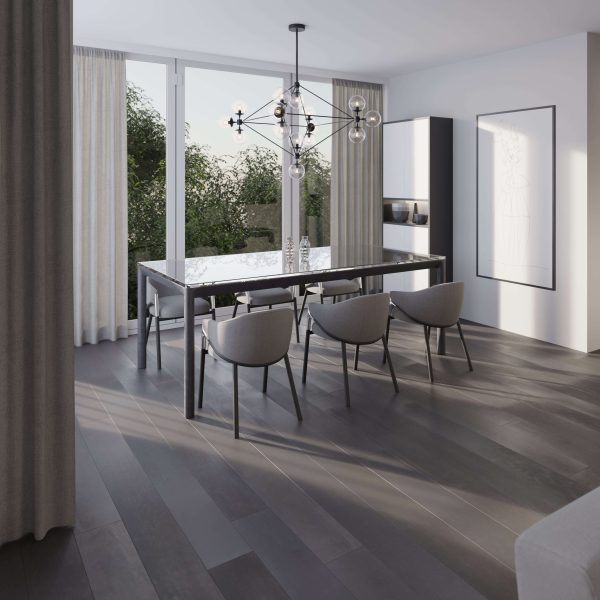 A modern dining room features a glass table, six gray chairs, a geometric chandelier, light-curtained floor-to-ceiling windows, minimalist decor, and dark Cityscape Oak* flooring with a large framed line drawing on the wall.