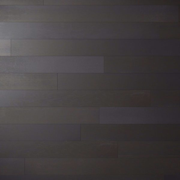 Cityscape Oak* features wide, rectangular dark wood planks in a staggered pattern. The smooth finish highlights subtle variations in brown shades for a refined look.