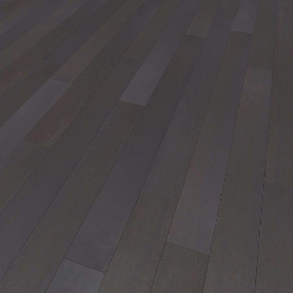 Close-up view of Cityscape Oak* dark-stained wooden floorboards arranged in a staggered pattern, highlighting the wood grain and texture with a matte finish.