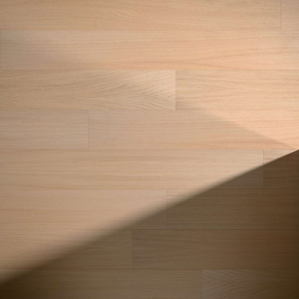 Briar Oak R&Q features light wooden floorboards with a subtle grain. A diagonal shadow in the lower right creates a striking contrast between sunlit and shaded areas on the floor.
