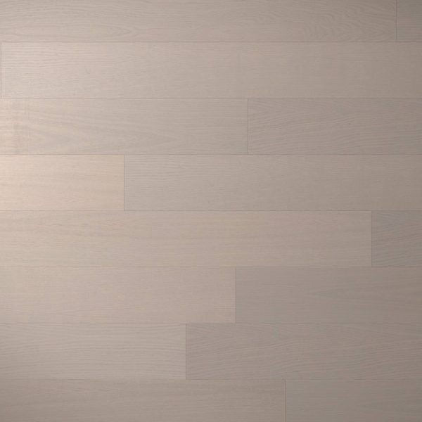 Braeburn Oak R&Q features wide, light gray matte-finish planks arranged horizontally. Subtle wood grain and varying shades give a smooth, modern, minimalist look.