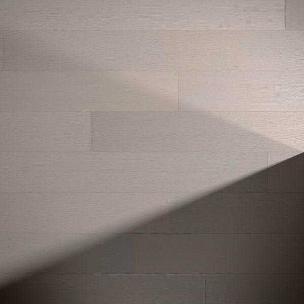 A minimalist wall features Toro Oak R&Q horizontal wooden panels in light brown tones. Soft natural light casts a diagonal shadow on the lower right, adding subtle contrast.