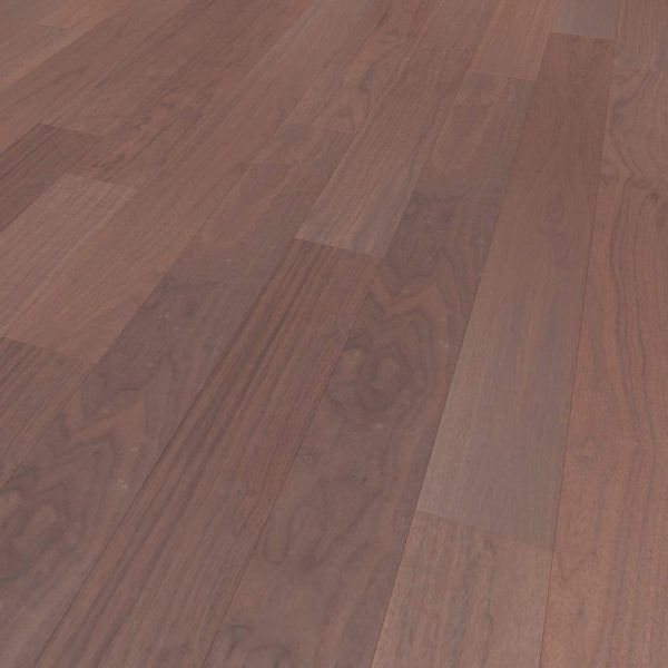 Close-up of Walnut Natural* reddish-brown floorboards with visible grain patterns and a glossy finish, highlighting the natural variation in wood tones and texture.