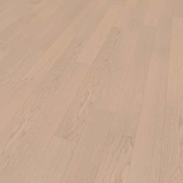 White Oak Natural Rustic features light-colored wooden planks with a smooth, matte finish. Subtle natural wood grain patterns are visible, arranged in a staggered layout for a clean, well-maintained look.