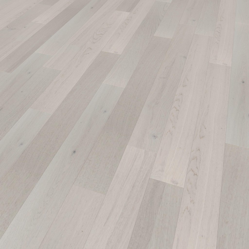 Crema Rustic Oak features wide planks, subtle grain patterns, and a smooth matte finish. Its light wood tone with a whitewashed or pale gray tint offers a modern, clean aesthetic.