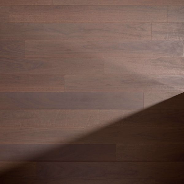 Harvest Walnut* flooring features medium to dark brown planks, partially lit by a diagonal beam of natural light that casts a sharp shadow across one corner of the floor.