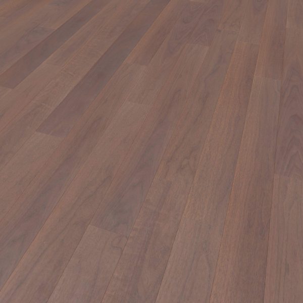 Harvest Walnut* features smooth, polished reddish-brown planks with natural wood grain and color variations. The clean, light-reflecting surface suggests a well-maintained interior space.