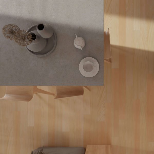 A top-down view shows a minimalist table with neutral-tone ceramics—a vase with dried flowers, teapot, and cup on saucer—plus light wooden chairs and the Red Oak Natural* parquet floor partially visible.