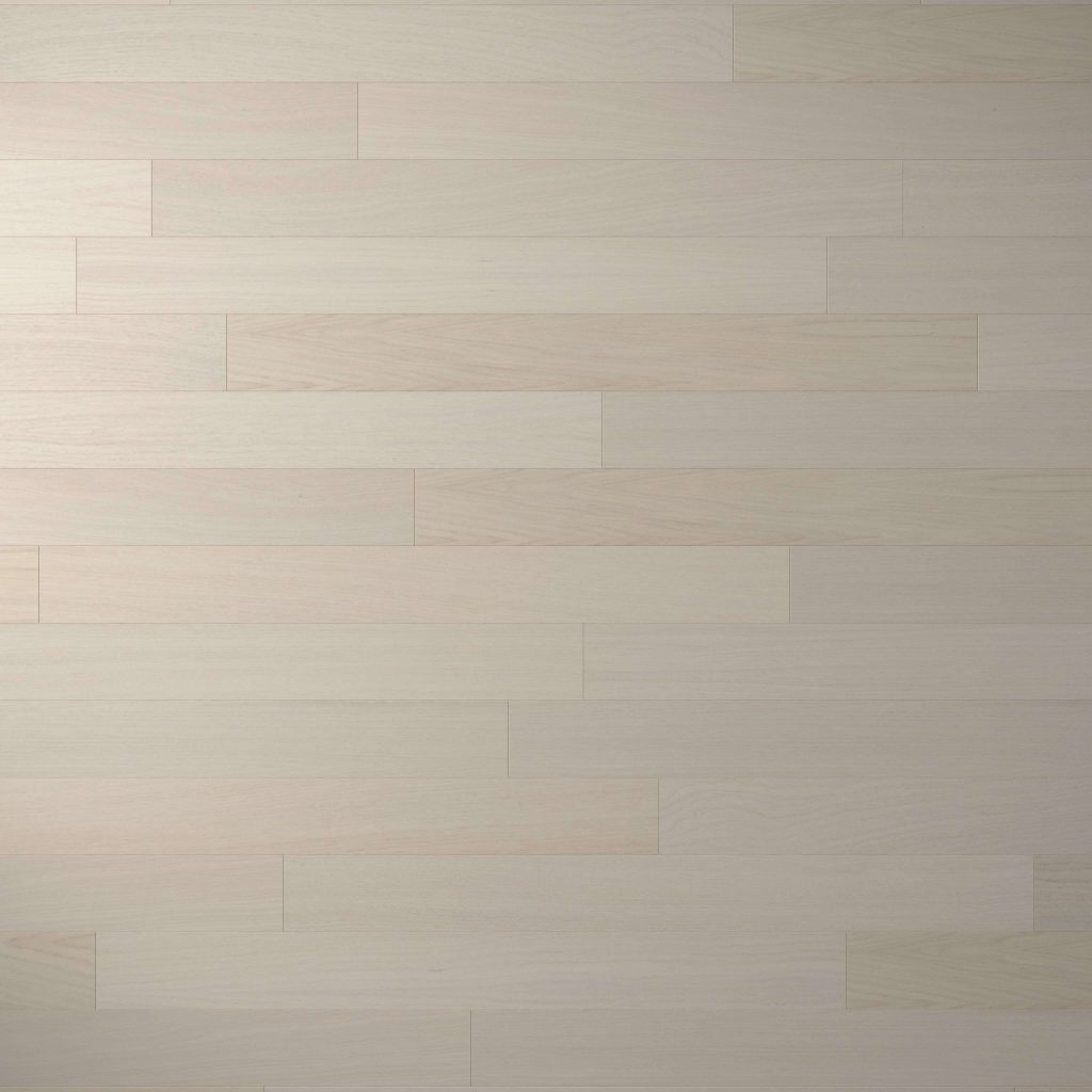Alabaster Oak* features light-colored wooden planks with a smooth finish and subtle tonal variations, arranged horizontally in a staggered pattern for a clean, modern look—ideal for floors or walls.