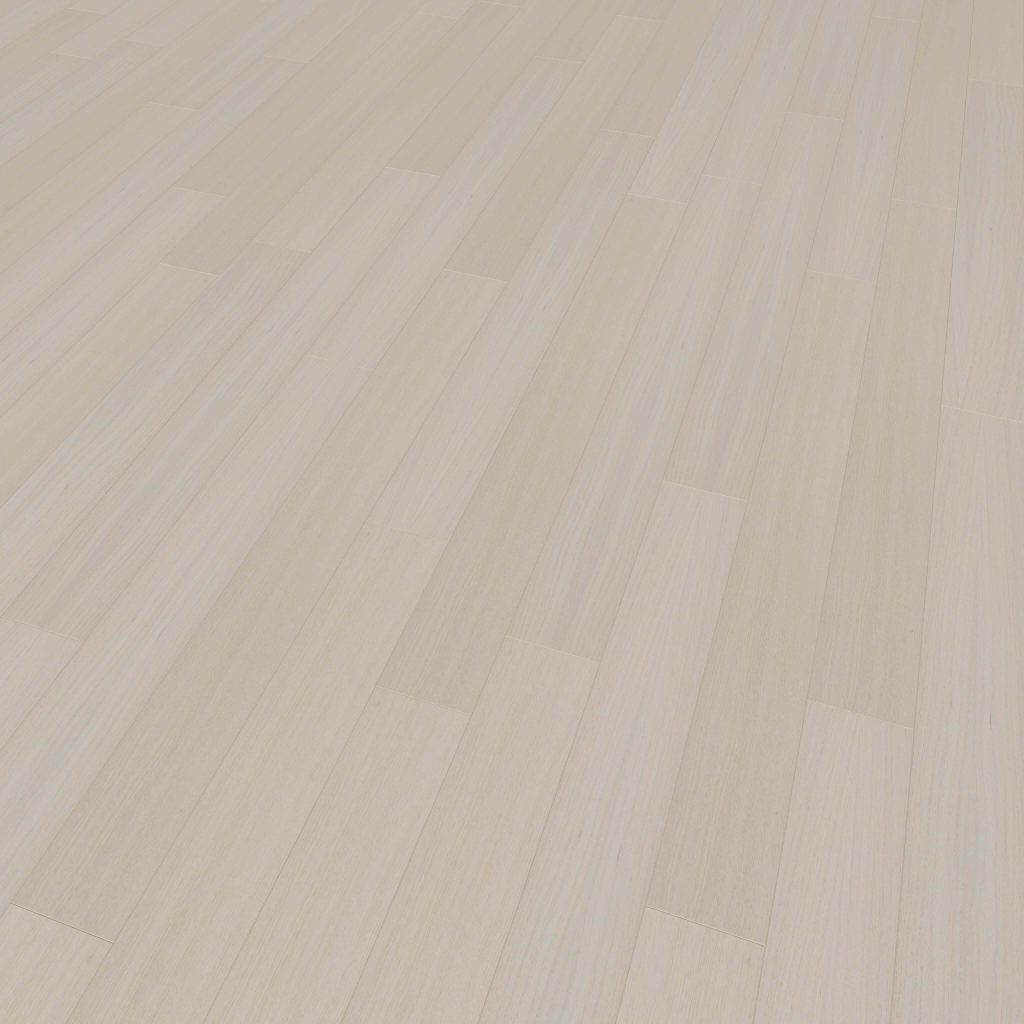 Alabaster Oak* features light-colored wood planks with a smooth, matte finish and subtle grain patterns, arranged in a staggered layout that extends seamlessly into the distance.