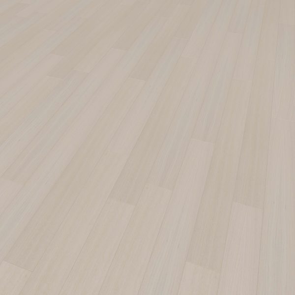 Alabaster Oak* features light-colored wood planks with a smooth, matte finish and subtle grain patterns, arranged in a staggered layout that extends seamlessly into the distance.