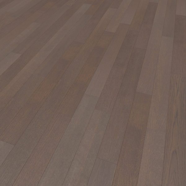 A close-up of Bramble Oak* hardwood floor displays rich, reddish-brown planks in a staggered pattern, highlighting natural wood grain and subtle color variations.
