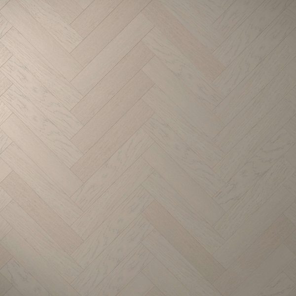 Everglade Oak* (Right) features a light-toned wood floor in a herringbone layout, with a smooth matte finish and visible natural grain, creating an elegant and subtle geometric pattern across the surface.