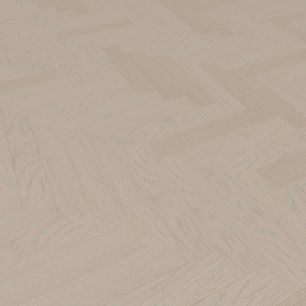 Everglade Oak* (Right) features light wood tones with a herringbone pattern, showcasing natural grain and a smooth matte finish. Parquet tiles are laid in a diagonal zigzag layout across the floor.