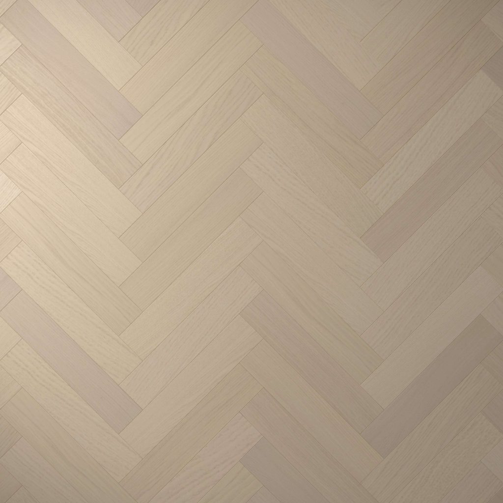 Coastal Oak* (Left) flooring in a herringbone pattern showcases natural grain and subtle color variations, creating a clean, elegant look.