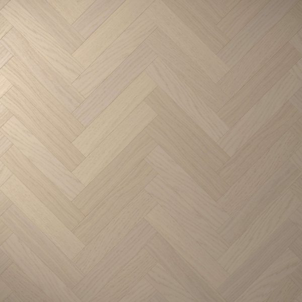 Coastal Oak* (Right) features a light-colored wooden floor in a herringbone pattern, with smooth, evenly finished planks creating a distinctive zigzag design.