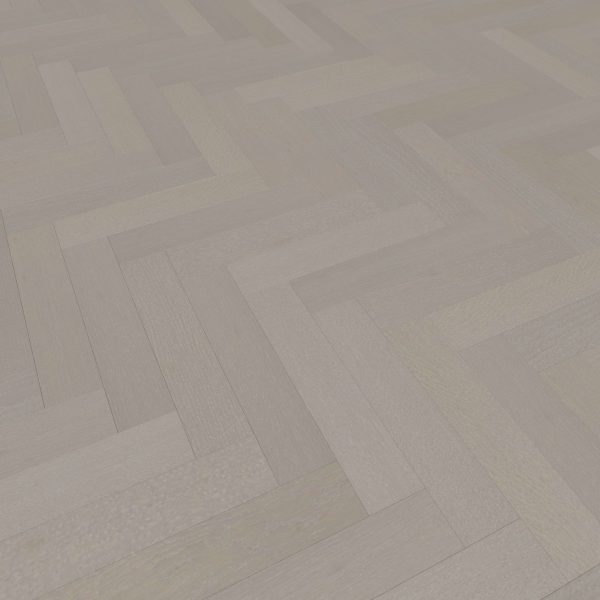 Castle Rock Oak* (Left) features rectangular planks in a light, neutral tone with a smooth, matte finish. Arranged in a herringbone pattern, this flooring adds a modern, clean look to any space.
