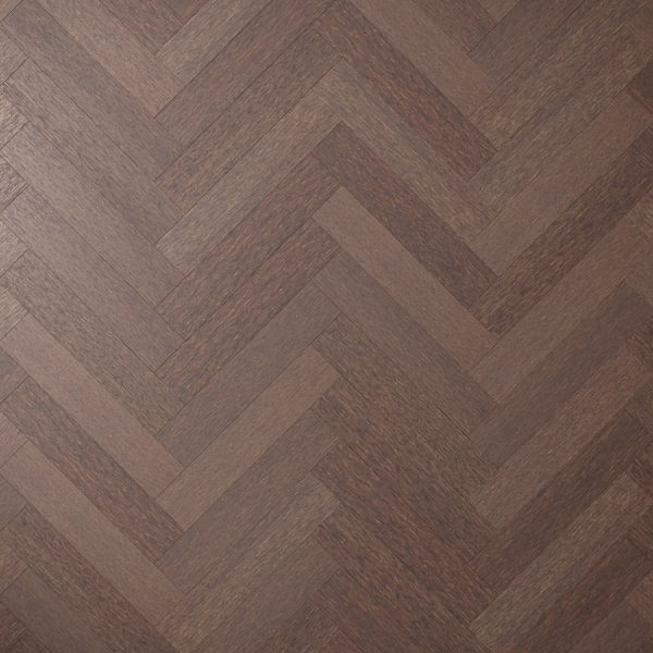 Hickory Americano* (Left) features a dark brown wood floor with a herringbone pattern, showcasing neatly arranged diagonal rectangular planks and a smooth, polished finish.