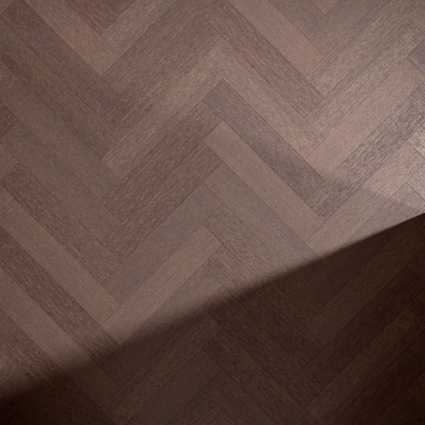 Hickory Americano* (Left) dark brown wooden parquet arranged in a herringbone pattern, with a diagonal shadow falling across the lower right corner.