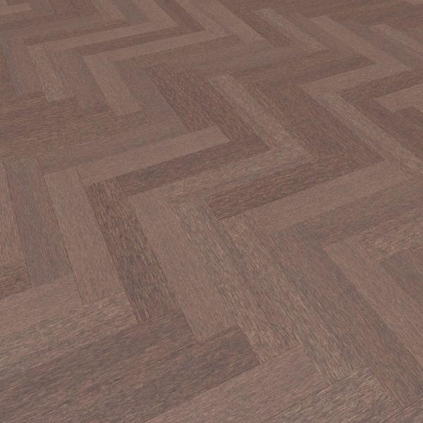 Close-up of Hickory Americano* (Left) floor showing a herringbone pattern with rectangular reddish-brown planks in a zigzag layout. The wood's grain and texture are clearly visible.