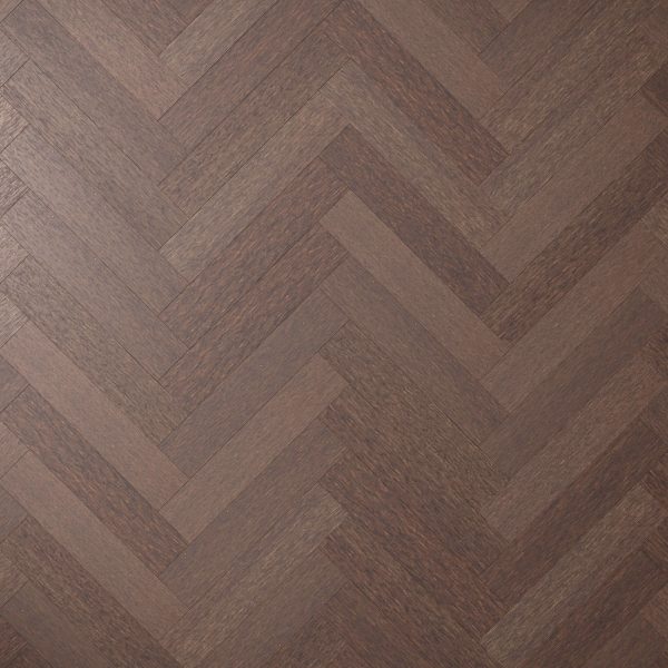 Hickory Americano* (Right) features a dark brown wooden floor in a herringbone pattern with a smooth, polished finish.