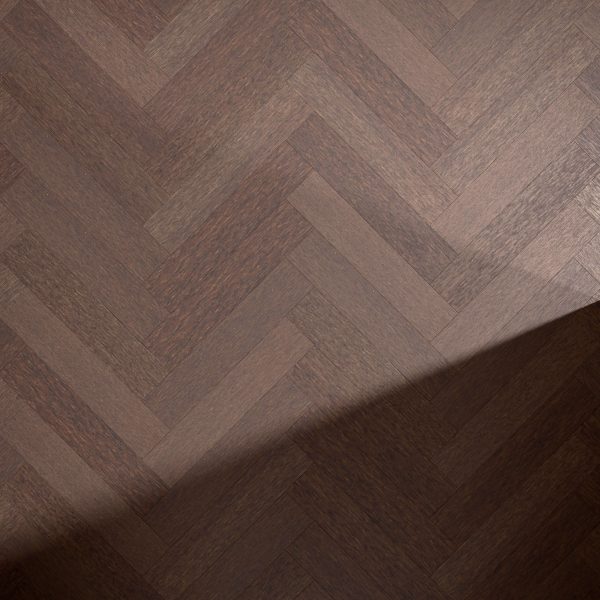 A close-up of Hickory Americano* (Right) dark brown wooden flooring in a herringbone pattern, featuring a diagonal shadow across the lower right corner.