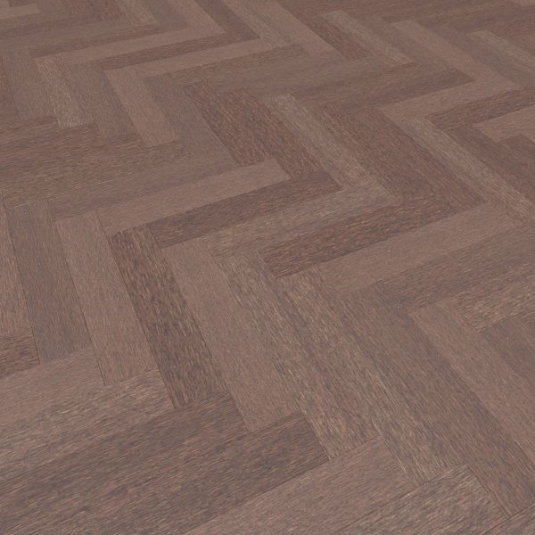 Close-up of Hickory Americano* (Right) wooden floor, featuring reddish-brown planks in a classic herringbone pattern and highlighting the natural wood grain and texture.