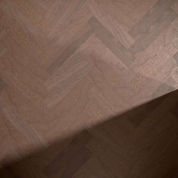 The Harvest Walnut* (Right) wooden floor features a herringbone pattern with warm brown tones and subtle wood grain, partially shaded in the bottom right corner.