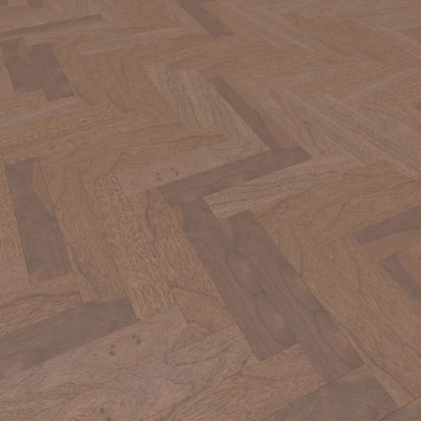 A close-up of a Harvest Walnut* (Right) floor shows reddish-brown wood planks in a herringbone zigzag pattern, featuring a natural polished finish.