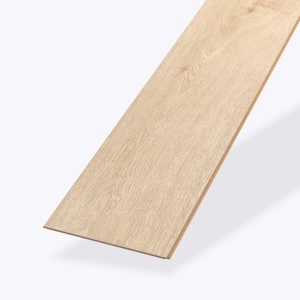 An Alberta light oak wood laminate flooring plank is shown on a plain white background, highlighting its wood grain texture and beveled edges.