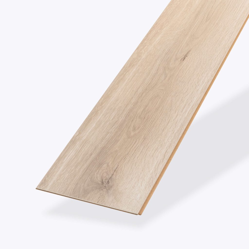 A single Tekarra light wood-look laminate flooring plank is displayed diagonally on a white background, showcasing its natural grain pattern and smooth finish.