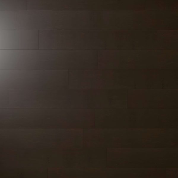 Genova Chocolate features dark brown wide horizontal planks with a matte, evenly colored surface and minimal wood grain. A subtle light reflection appears in the upper left corner.