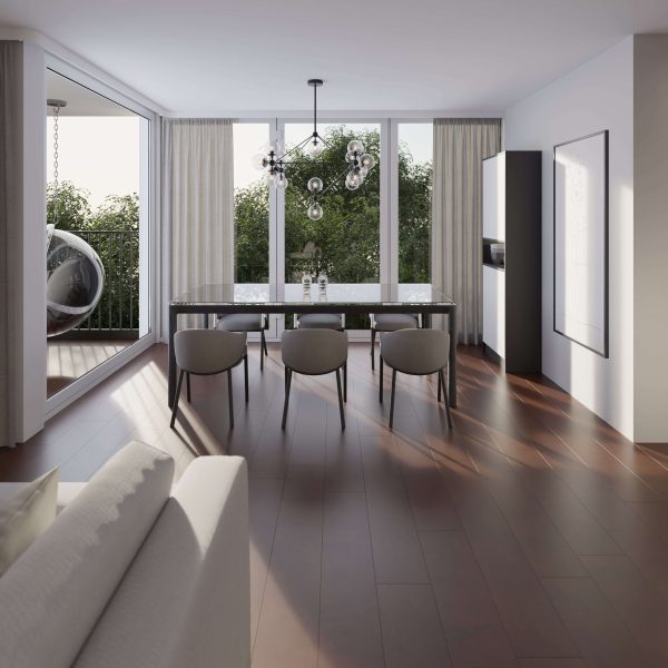 Modern dining room featuring the Genova Cognac rectangular table with six chairs and a unique chandelier. Large windows reveal greenery, while a balcony with a hanging chair adds charm. Wood flooring and neutral decor complete the look.