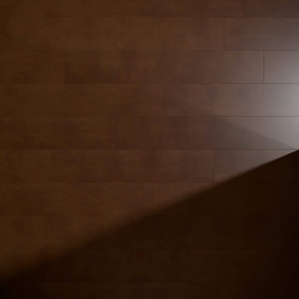 A Genova Cognac wall with dark brown horizontal wooden panels is partially lit by a beam of light from the right, casting a gentle diagonal shadow across its surface.