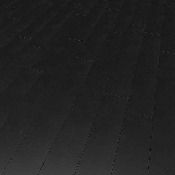 Genova Black features dark, matte wooden floorboards in a staggered pattern, with subtle highlights and shadows that accentuate the wood’s natural texture.