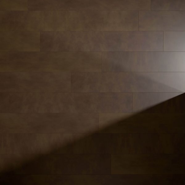 A beam of light shines diagonally across Genova Fawn’s dark brown wooden floor, highlighting the contrast between the illuminated and shaded planks.