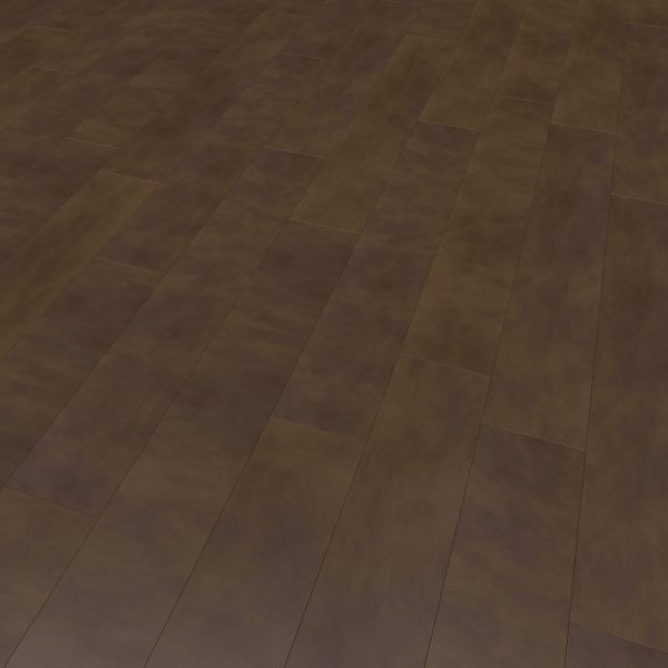 Genova Fawn features a dark brown wooden floor with long, rectangular planks in a staggered pattern, boasting a smooth surface and subtle wood grain texture.