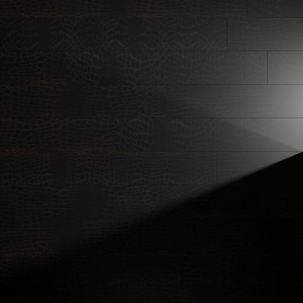 Modena Brown, a dark wooden floor with subtle texture, is partially illuminated by a diagonal beam of light from the upper right, creating striking contrasts of light and shadow across its surface.