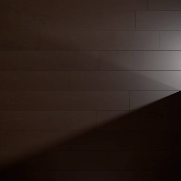 Milano Pecan wall panels in a rich dark brown feature horizontal lines, highlighted by bright right-side lighting that casts a sharp diagonal shadow across the surface.