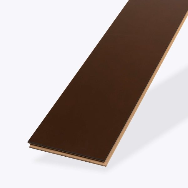 A single Milano Pecan laminate flooring plank with a smooth, glossy finish is displayed on a plain light background, showcasing its warm brown color and rectangular shape.