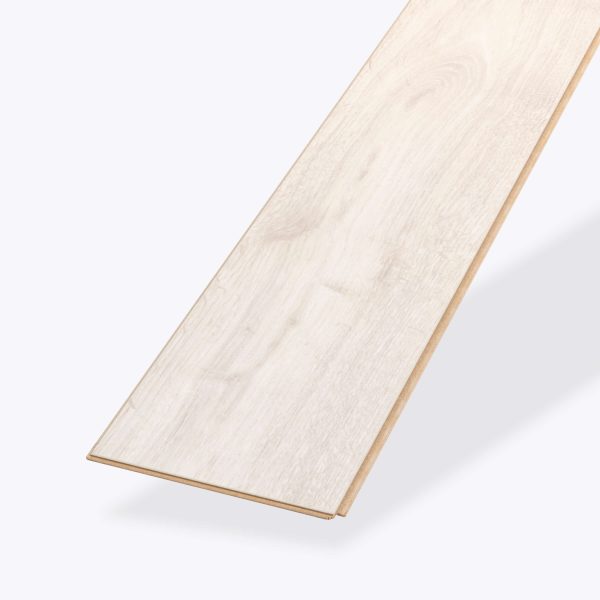 A single Laneffe Oak laminate flooring plank is shown on a white background, highlighting its light wood grain texture and beveled edges.