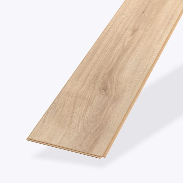The Charleroi Oak light wood laminate plank, featuring a natural grain pattern, is shown on a white background at an angle to highlight its length and texture.